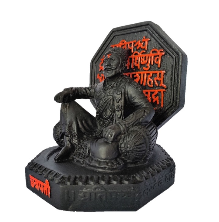 Picture of Shree Chhatrapati Shivaji Maharaj - Sitting Black Statue with Rajmudra Background | Size - 5 inch